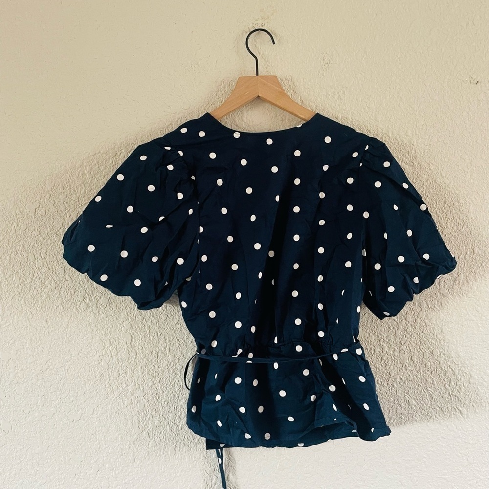 Navy Polkadot Puff Sleeve Wrap Top - Picture 3 of 11